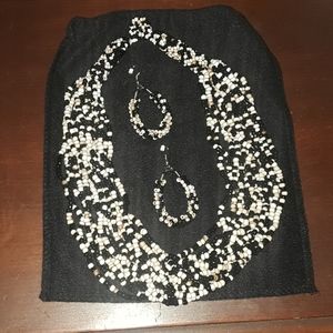 Multistrand black/cream bead necklace & earrings